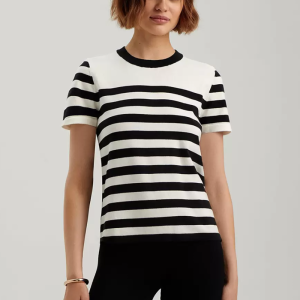 Elegant Fashion Short Sleeves Tees Acrylic Stripes Jewel Neck T Shirt