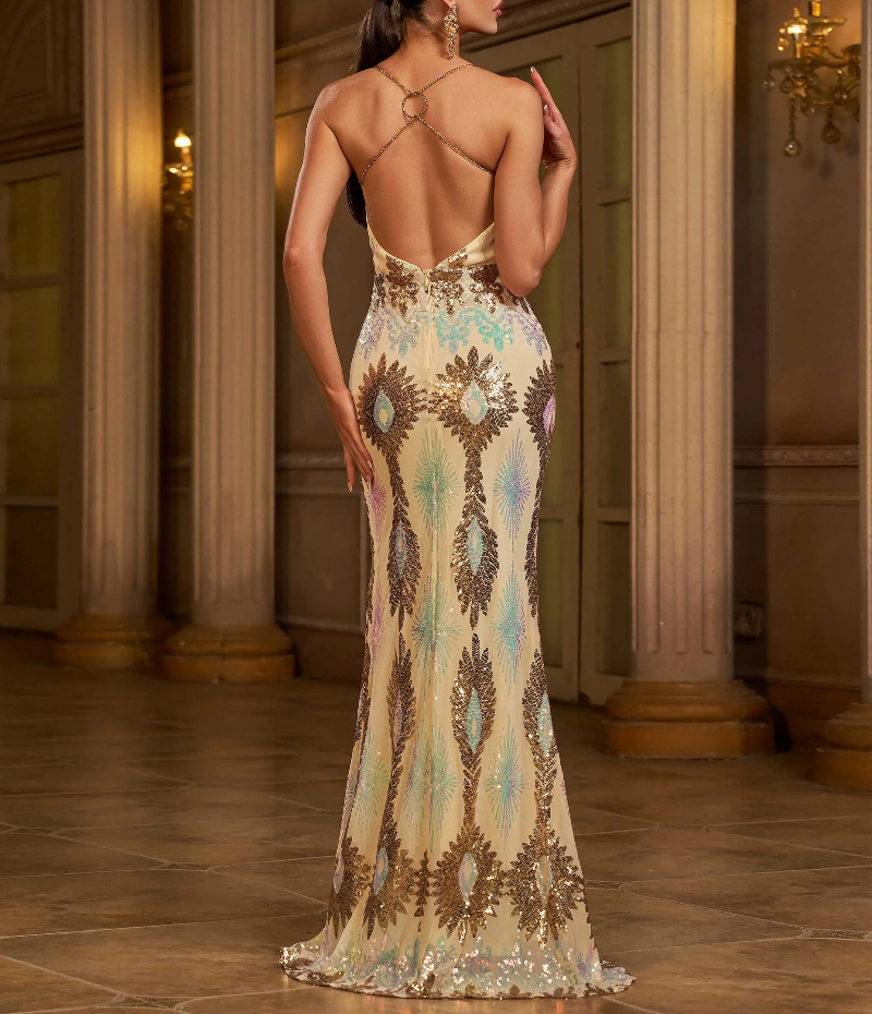 Elegant Fashion Spaghetti Strap Backless Sequin Split Maxi Gown - Image 5