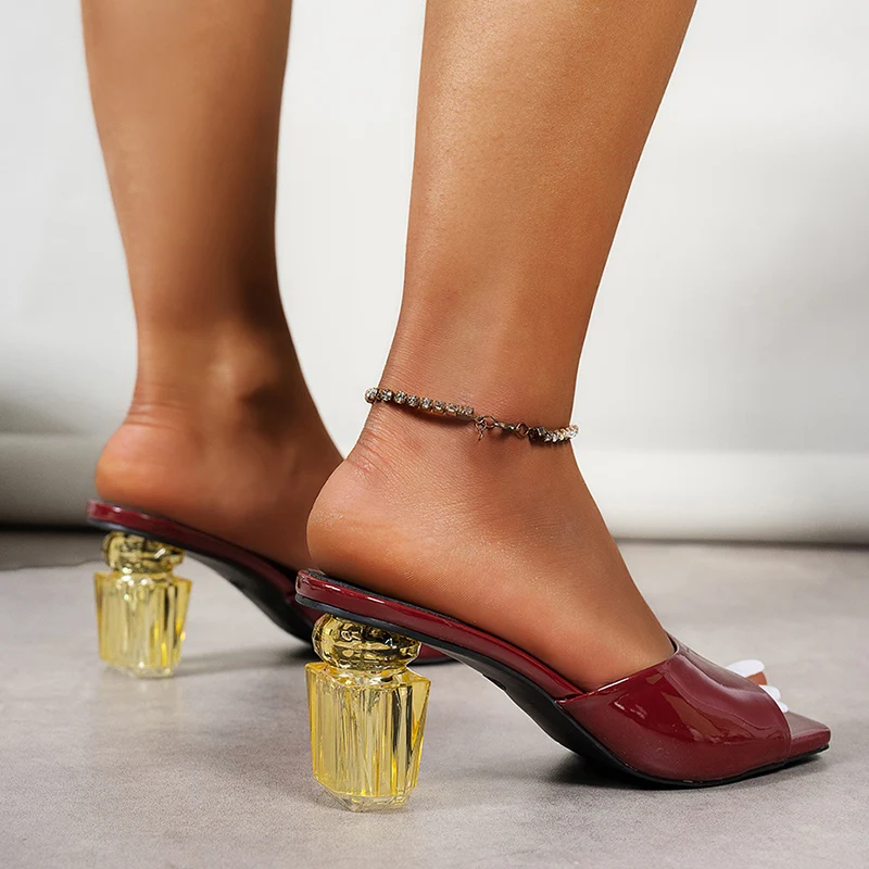 Elegant Fashion Transparent Square Toe Mix Color Pu Leather High Heel - Image 8