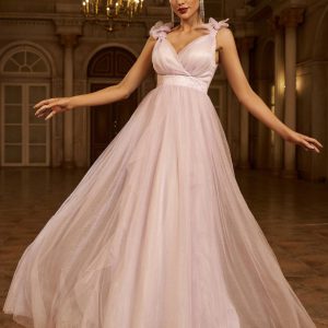 Elegant Fashion V Neck A Line Gown Formal Occasion Tulle Maxi Dresses