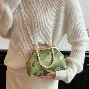 Elegant Fashionable With Contrasting Flower Print Simple Pearl Chain And Clip-On Evening Crossbody Bag