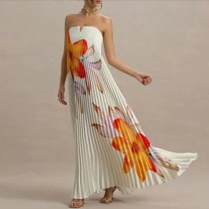 Elegant Floral Print A-Line Pleated Hollow Strapless Backless Zips Boho Long Dress