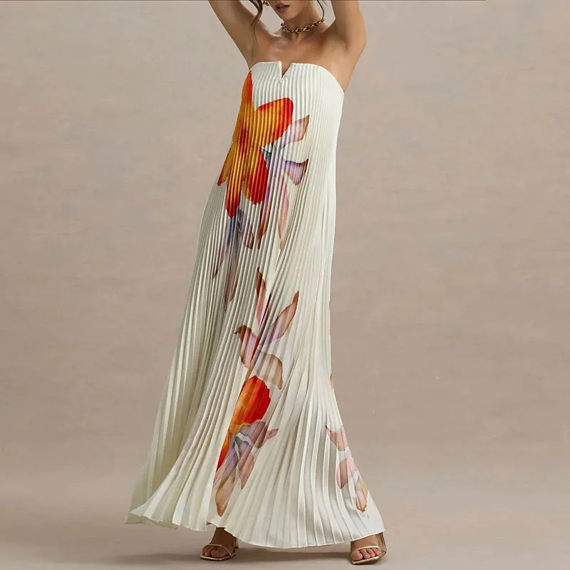 Elegant Floral Print A-Line Pleated Hollow Strapless Backless Zips Boho Long Dress - Image 2