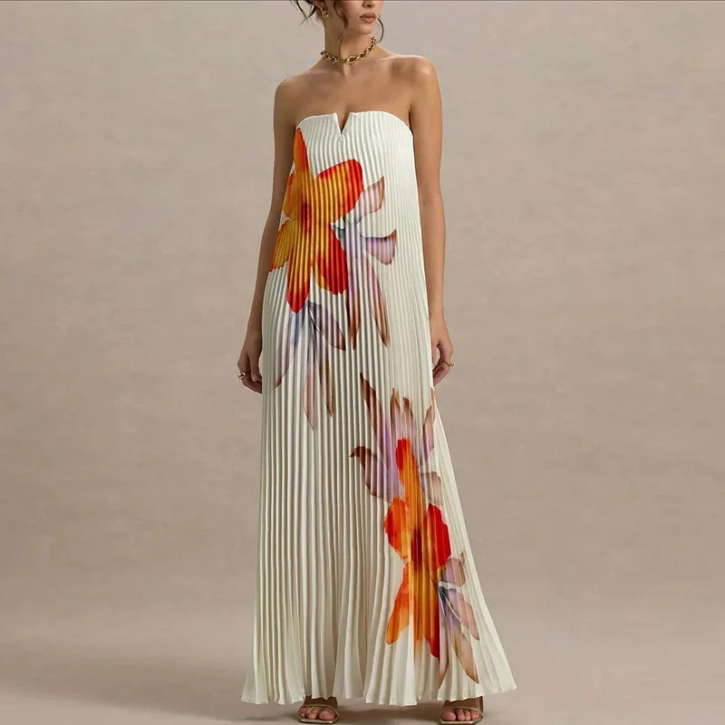 Elegant Floral Print A-Line Pleated Hollow Strapless Backless Zips Boho Long Dress - Image 3