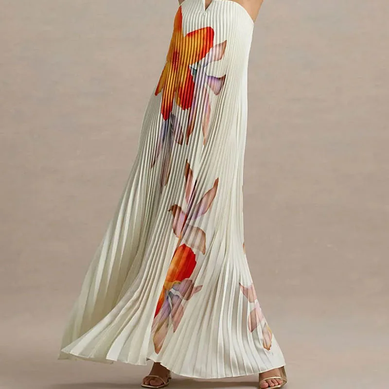 Elegant Floral Print A-Line Pleated Hollow Strapless Backless Zips Boho Long Dress - Image 5