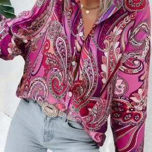Elegant Floral Print Long Sleeve Button Front Boho Shirt Blouse