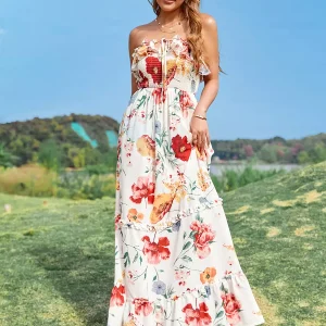Elegant Floral Print Sleeveless Backless Daily Casual Maxi Dress