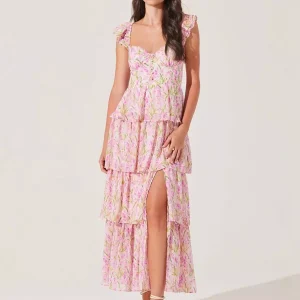 Elegant Floral Tiered High Slit Ruffle Shoulder Maxi Dress