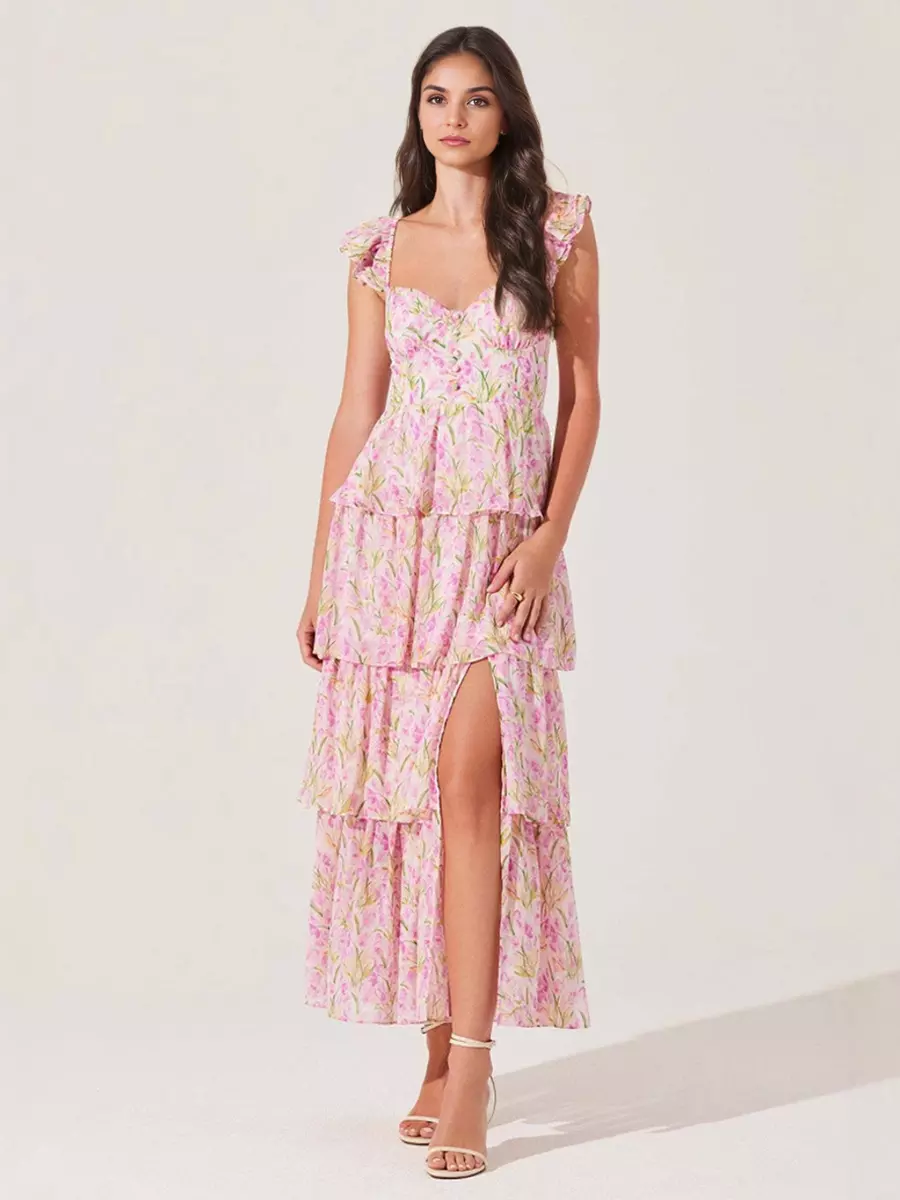 Elegant Floral Tiered High Slit Ruffle Shoulder Maxi Dress