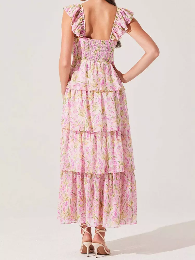 Elegant Floral Tiered High Slit Ruffle Shoulder Maxi Dress - Image 4