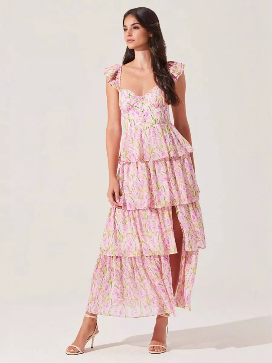 Elegant Floral Tiered High Slit Ruffle Shoulder Maxi Dress - Image 2