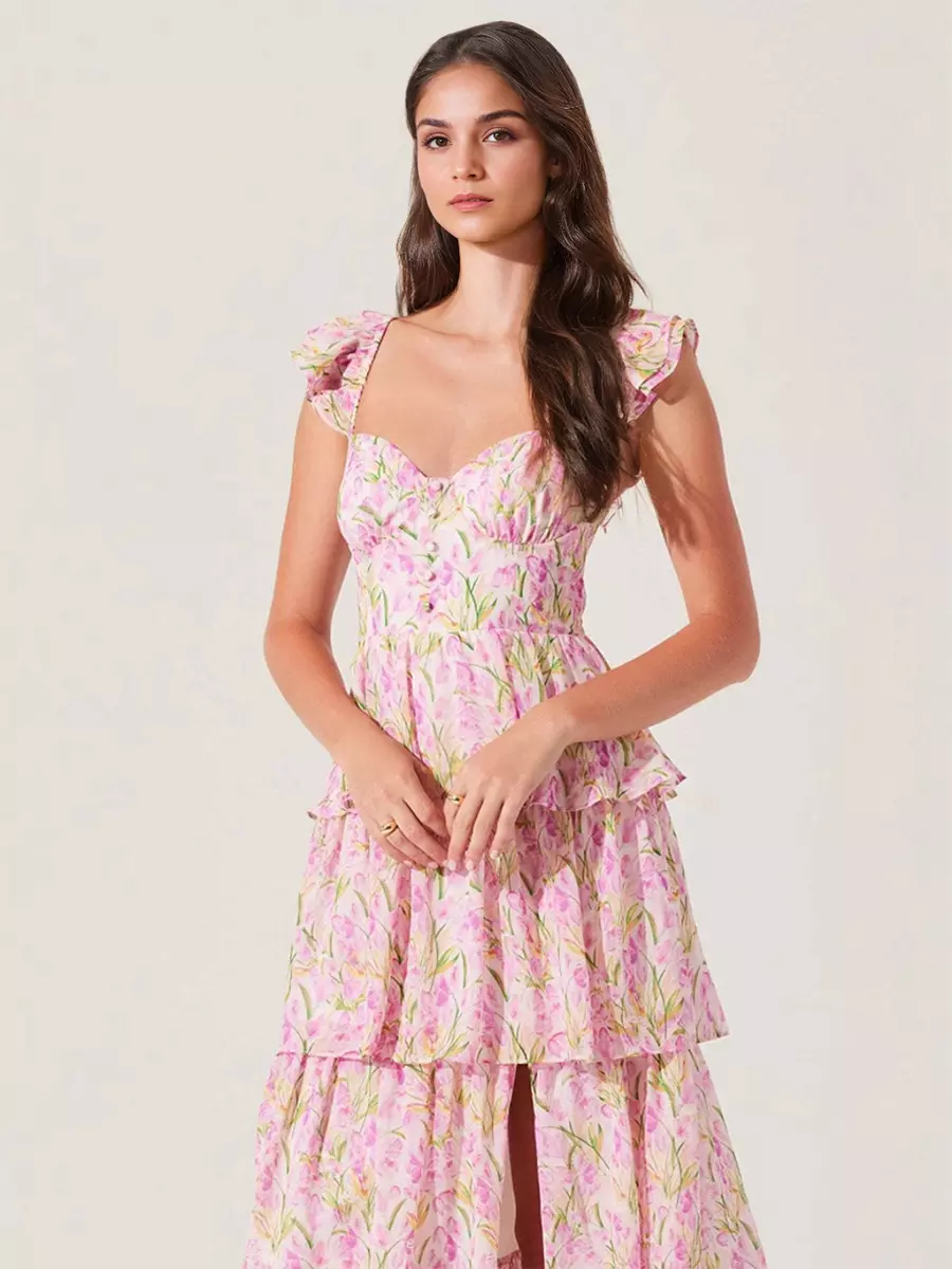 Elegant Floral Tiered High Slit Ruffle Shoulder Maxi Dress - Image 3