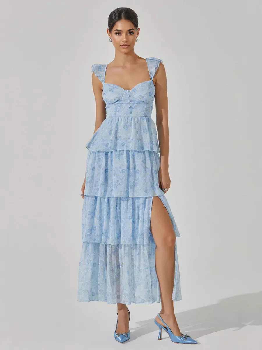 Elegant Floral Tiered High Slit Ruffle Shoulder Maxi Dress - Image 5