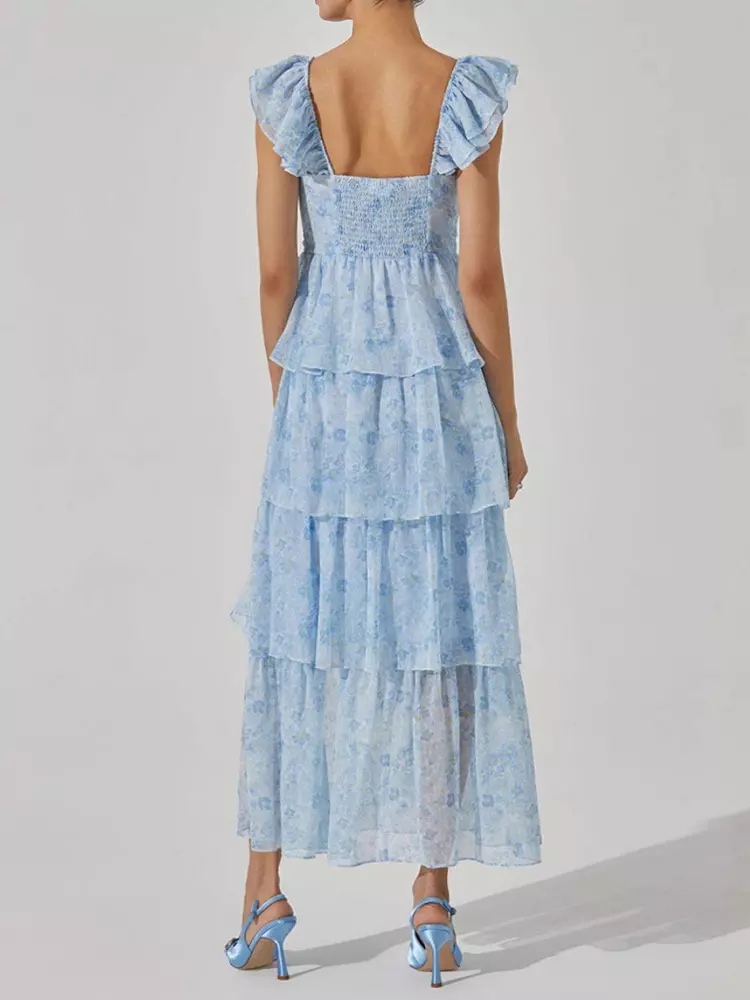 Elegant Floral Tiered High Slit Ruffle Shoulder Maxi Dress - Image 7