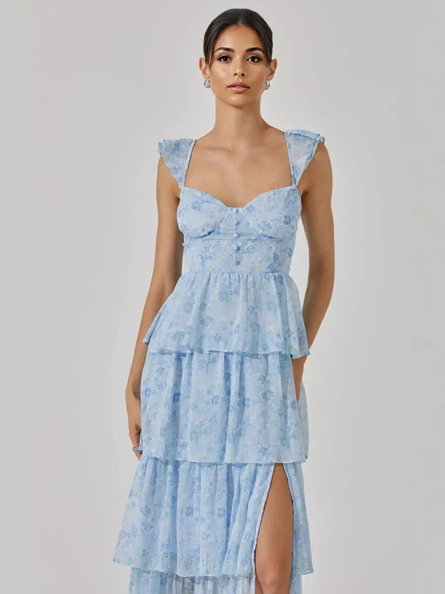 Elegant Floral Tiered High Slit Ruffle Shoulder Maxi Dress - Image 6