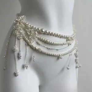 Elegant Geometric Pearl Waist Chain Flower Tassel Double Layer Beads Chain Belt 