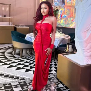 Elegant Halter Backless Skinny Hand Strap Hem Trend Vacation Birthday Party Maxi Dress