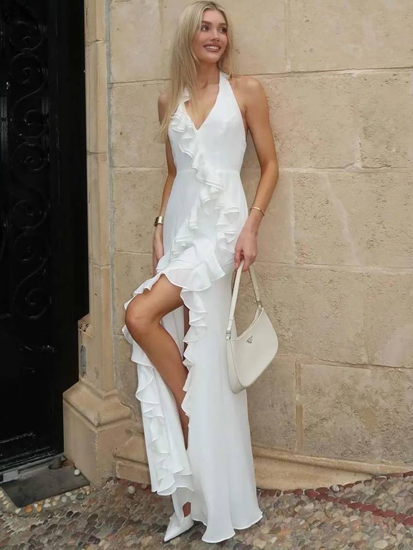 Elegant Halter Neck Open Back Ruffled Slim Side Slit Floor-Length Dress - Image 2