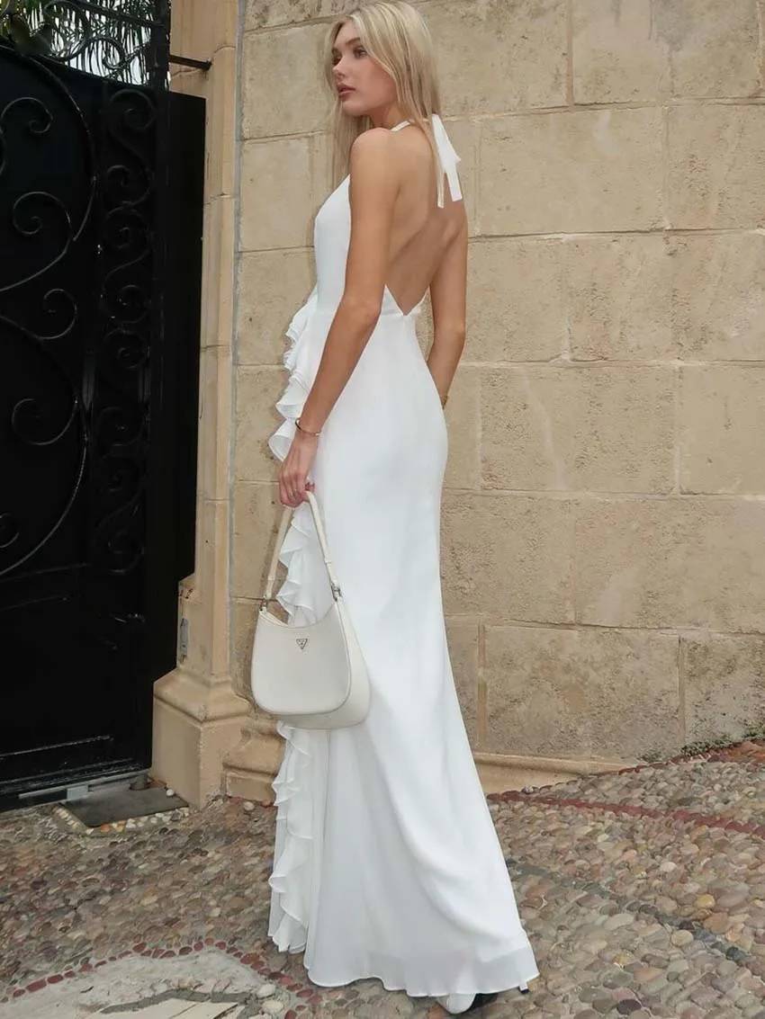 Elegant Halter Neck Open Back Ruffled Slim Side Slit Floor-Length Dress - Image 4