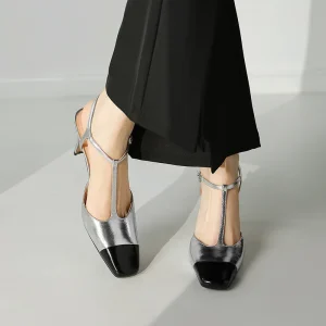 Elegant High Quality Genuine Leather Color T-shaped High Heels