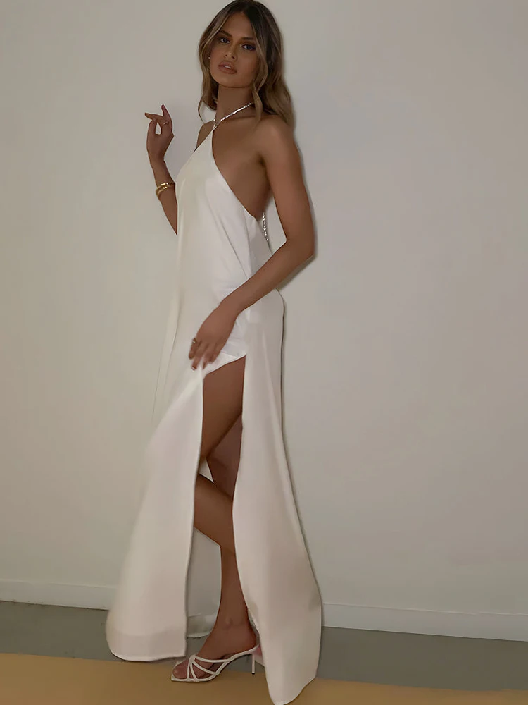 Elegant High Slit Diamond Chain Halter Backless Evening Party Clubwear Maxi Dress - Image 4