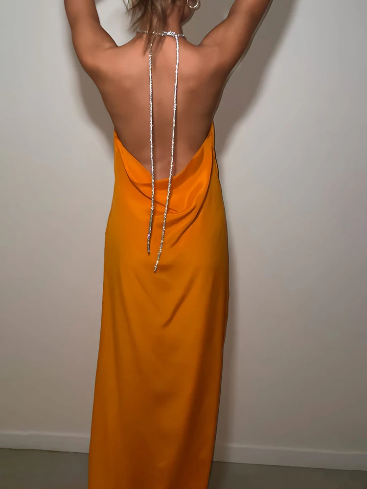 Elegant High Slit Diamond Chain Halter Backless Evening Party Clubwear Maxi Dress - Image 7