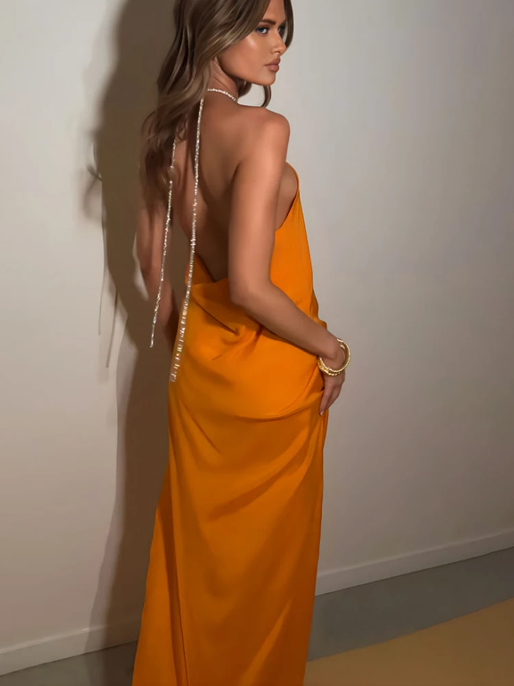 Elegant High Slit Diamond Chain Halter Backless Evening Party Clubwear Maxi Dress - Image 9