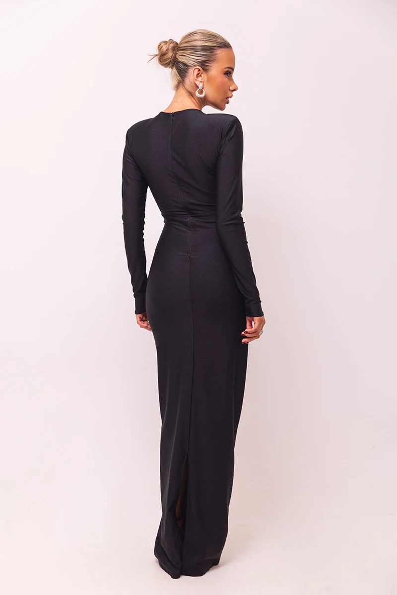 Elegant Hollow Out Long Sleeve Solid Ruched Club Evening Long Bodycon Dress - Image 19
