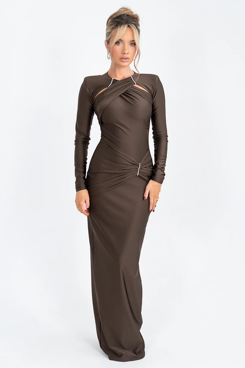 Elegant Hollow Out Long Sleeve Solid Ruched Club Evening Long Bodycon Dress - Image 3