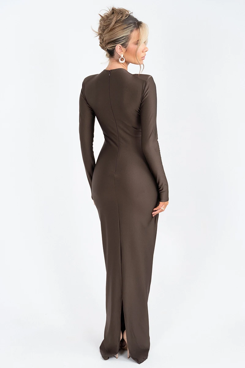 Elegant Hollow Out Long Sleeve Solid Ruched Club Evening Long Bodycon Dress - Image 8