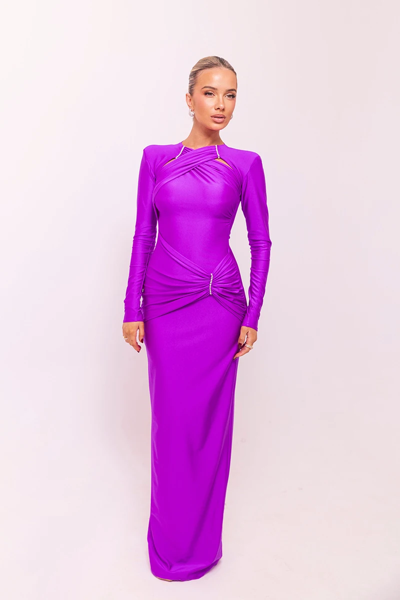 Elegant Hollow Out Long Sleeve Solid Ruched Club Evening Long Bodycon Dress - Image 24