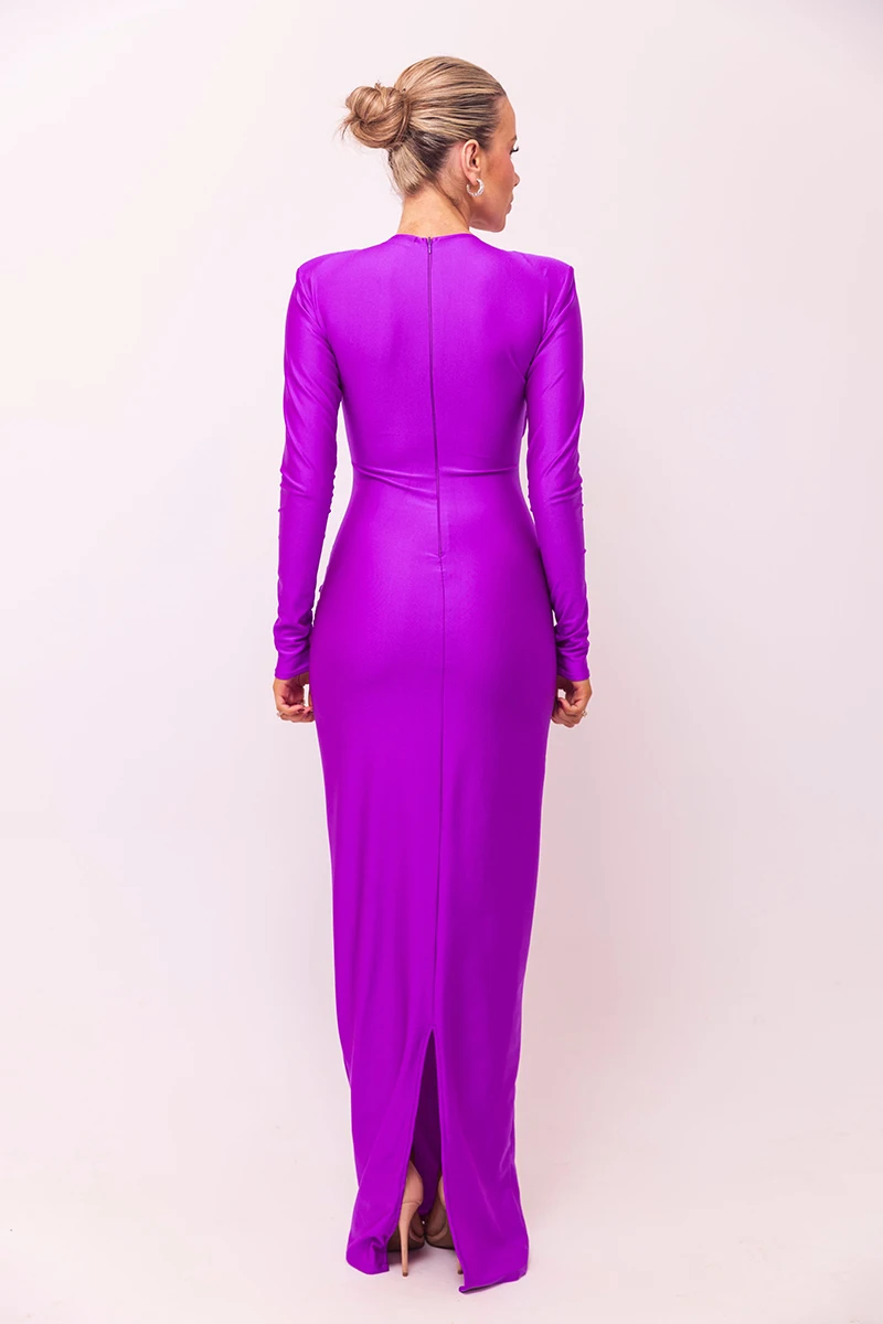 Elegant Hollow Out Long Sleeve Solid Ruched Club Evening Long Bodycon Dress - Image 29