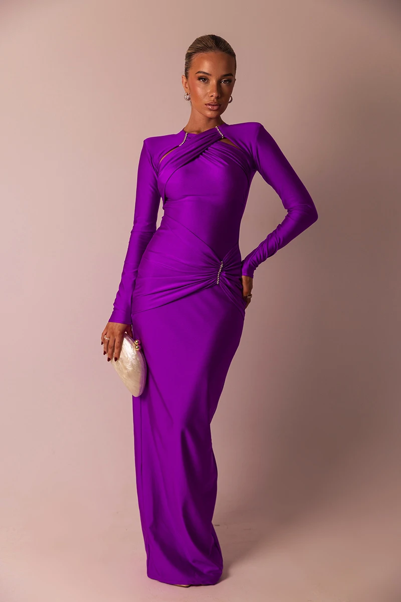 Elegant Hollow Out Long Sleeve Solid Ruched Club Evening Long Bodycon Dress - Image 20