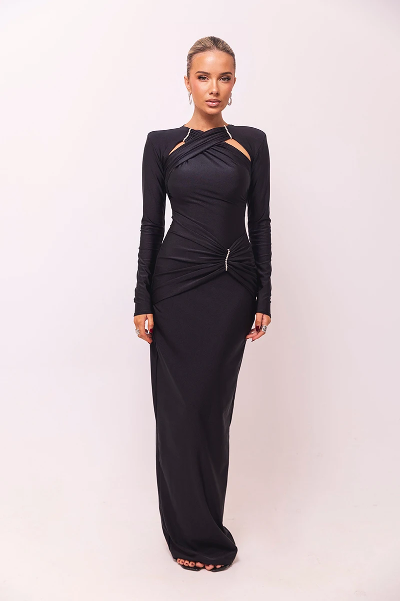 Elegant Hollow Out Long Sleeve Solid Ruched Club Evening Long Bodycon Dress - Image 9