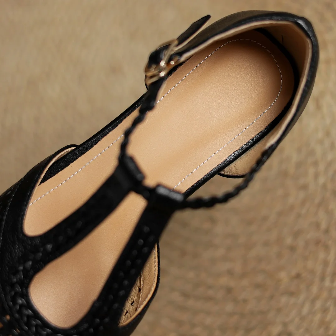 Elegant Hollow-out Sheepskin Narrow Band T-strap Flats Sandals - Image 17