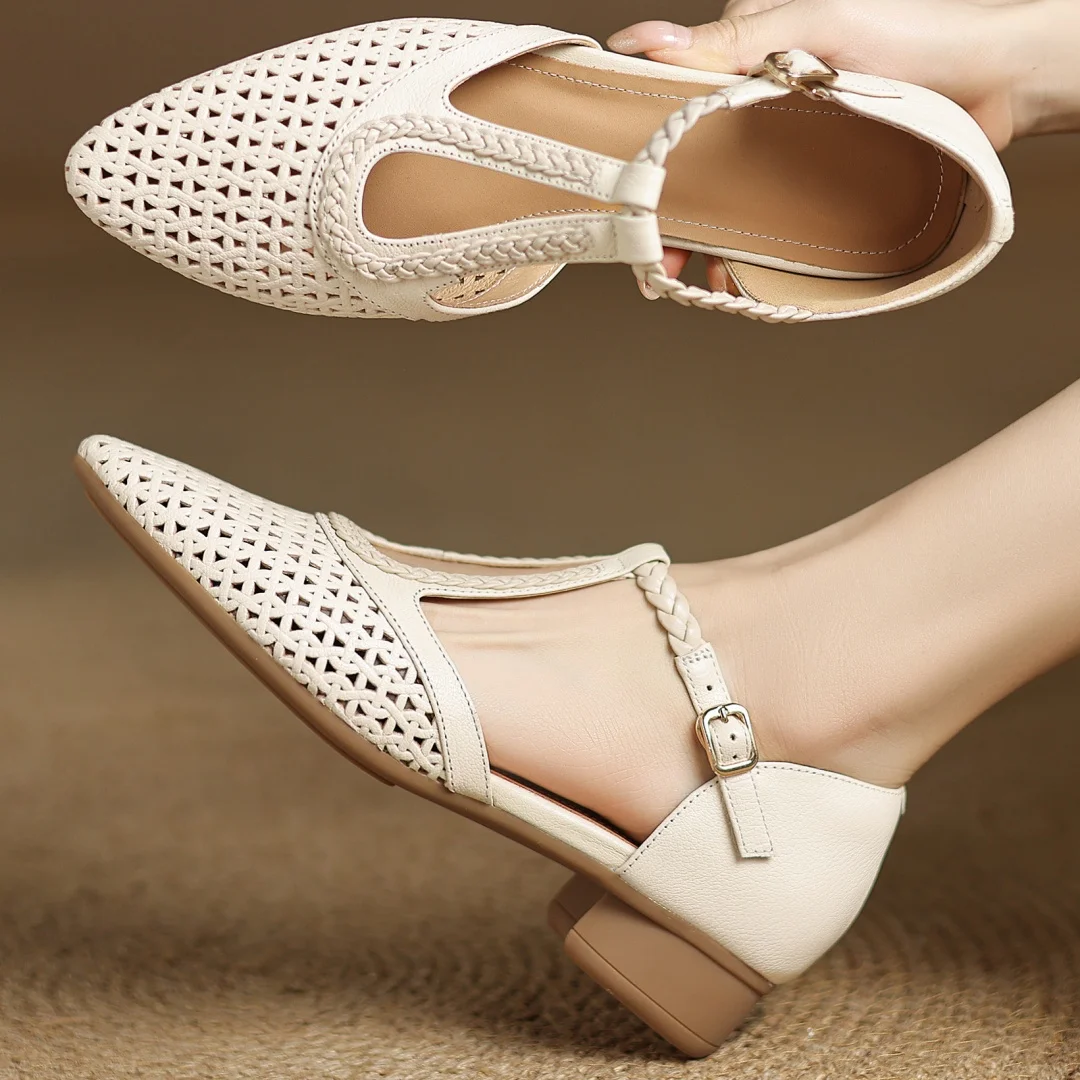 Elegant Hollow-out Sheepskin Narrow Band T-strap Flats Sandals - Image 3
