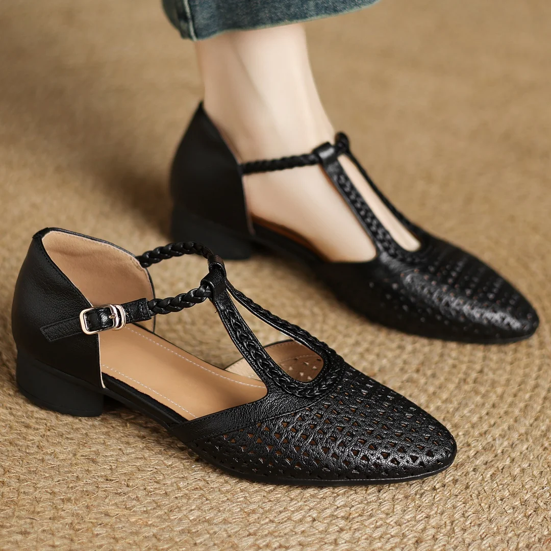 Elegant Hollow-out Sheepskin Narrow Band T-strap Flats Sandals - Image 12