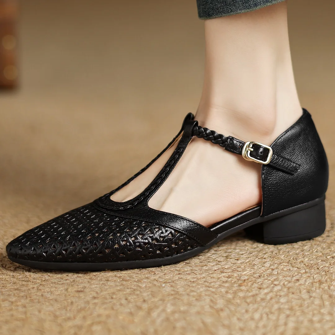 Elegant Hollow-out Sheepskin Narrow Band T-strap Flats Sandals - Image 10