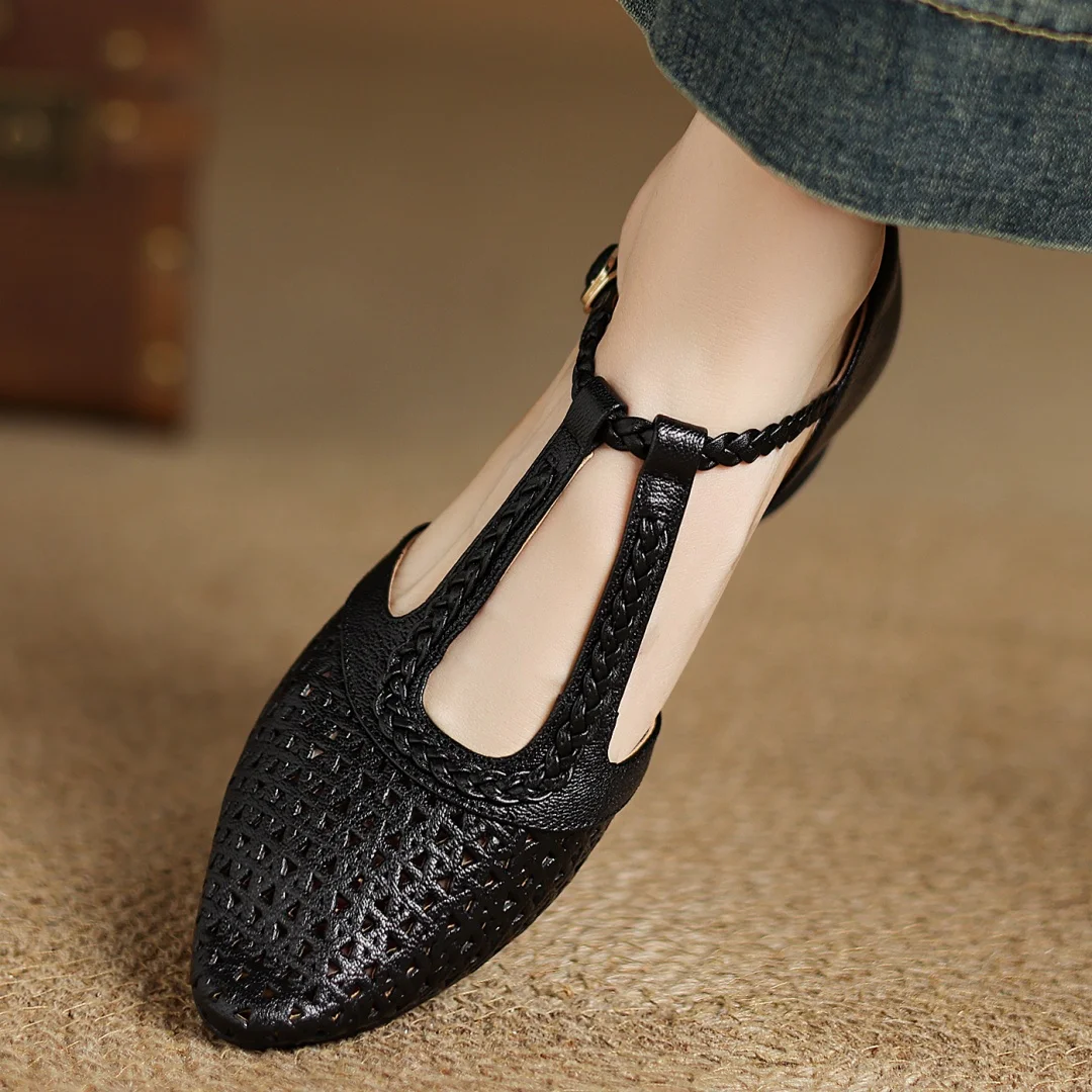 Elegant Hollow-out Sheepskin Narrow Band T-strap Flats Sandals - Image 11