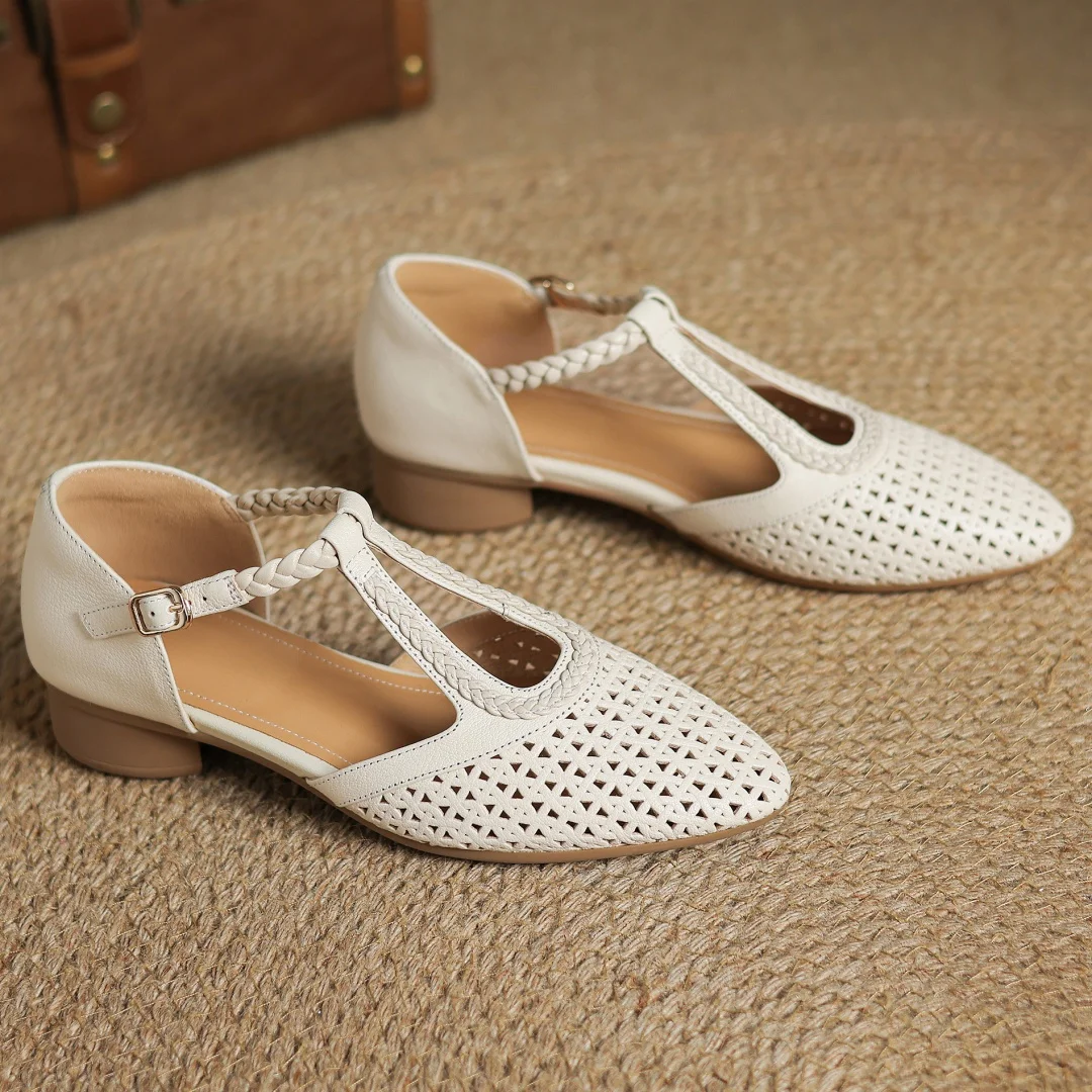 Elegant Hollow-out Sheepskin Narrow Band T-strap Flats Sandals - Image 6