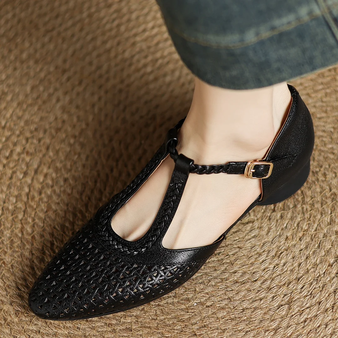 Elegant Hollow-out Sheepskin Narrow Band T-strap Flats Sandals - Image 9