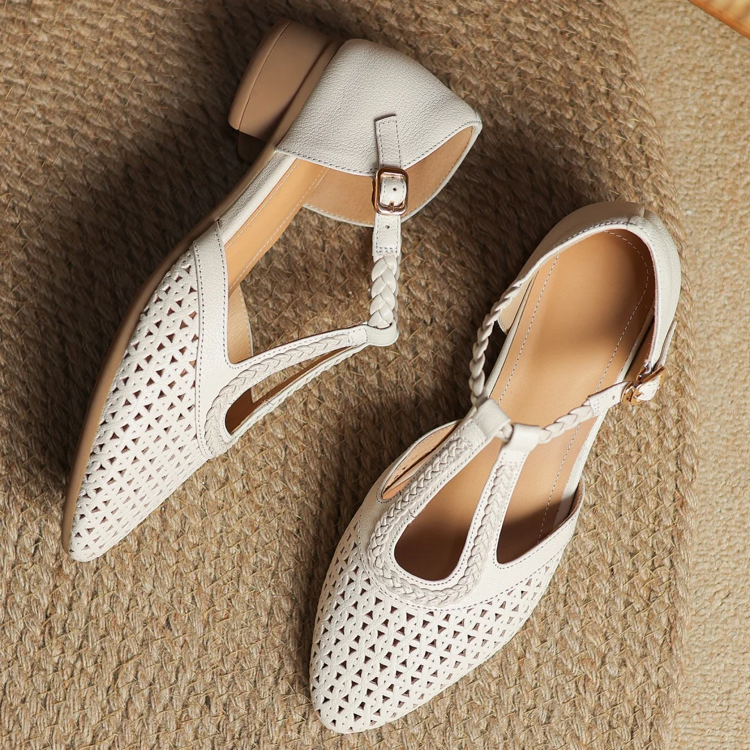 Elegant Hollow-out Sheepskin Narrow Band T-strap Flats Sandals - Image 5