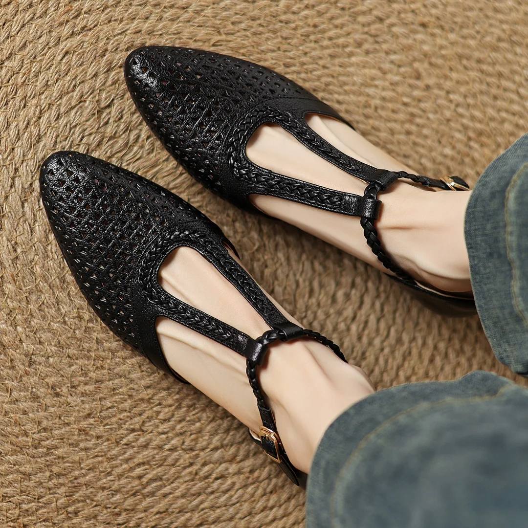 Elegant Hollow-out Sheepskin Narrow Band T-strap Flats Sandals - Image 7