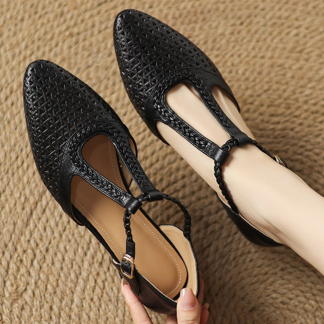 Elegant Hollow-out Sheepskin Narrow Band T-strap Flats Sandals - Image 8