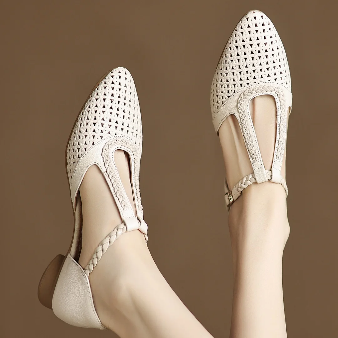 Elegant Hollow-out Sheepskin Narrow Band T-strap Flats Sandals - Image 2