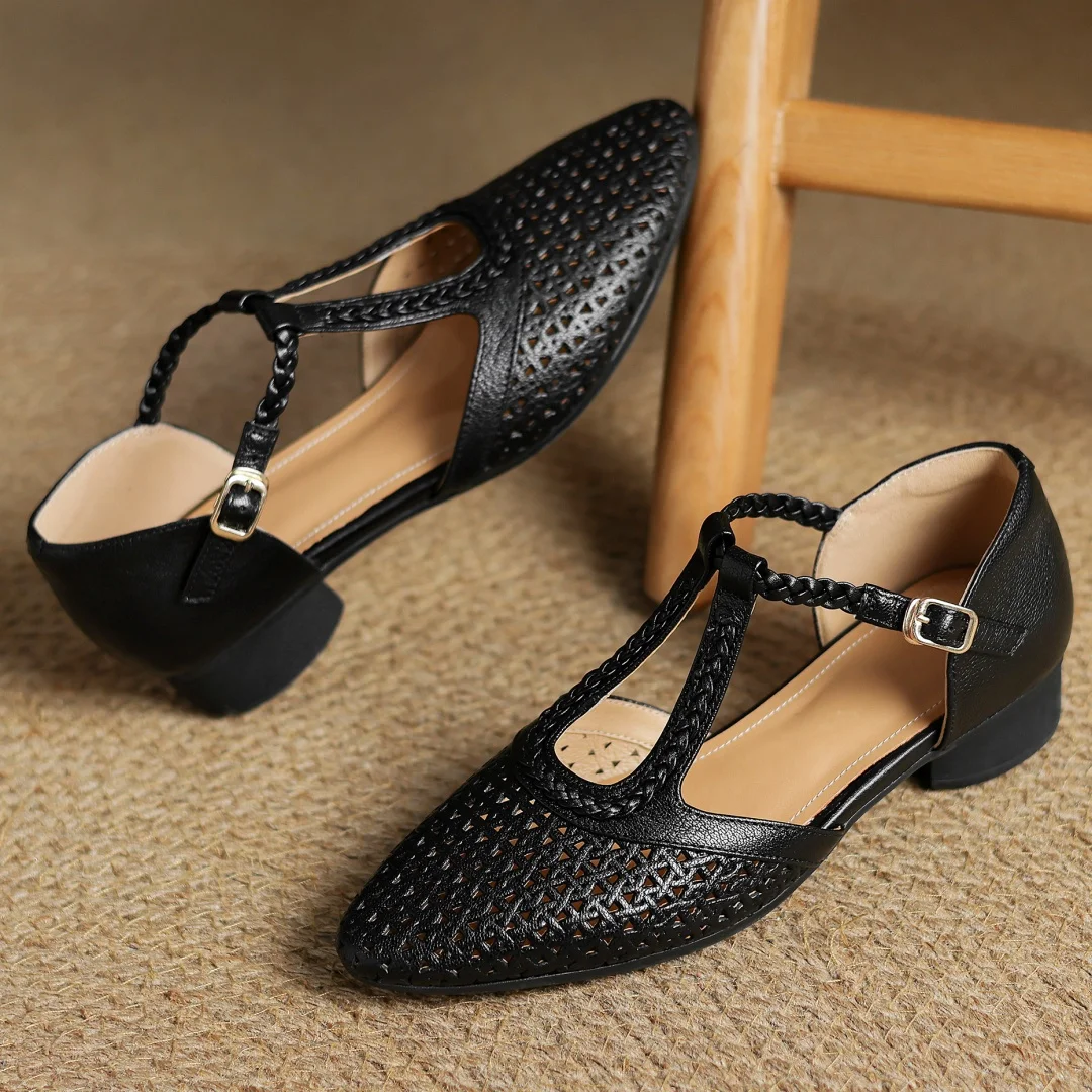 Elegant Hollow-out Sheepskin Narrow Band T-strap Flats Sandals - Image 14