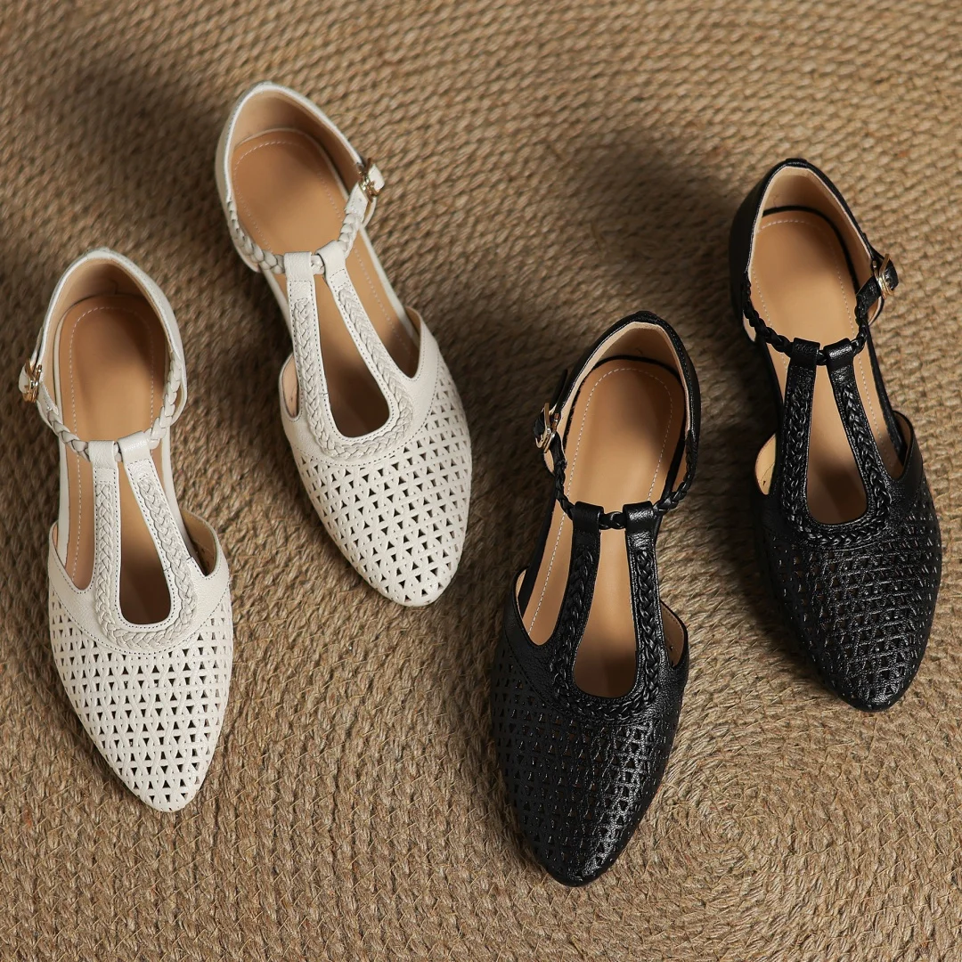 Elegant Hollow-out Sheepskin Narrow Band T-strap Flats Sandals - Image 21