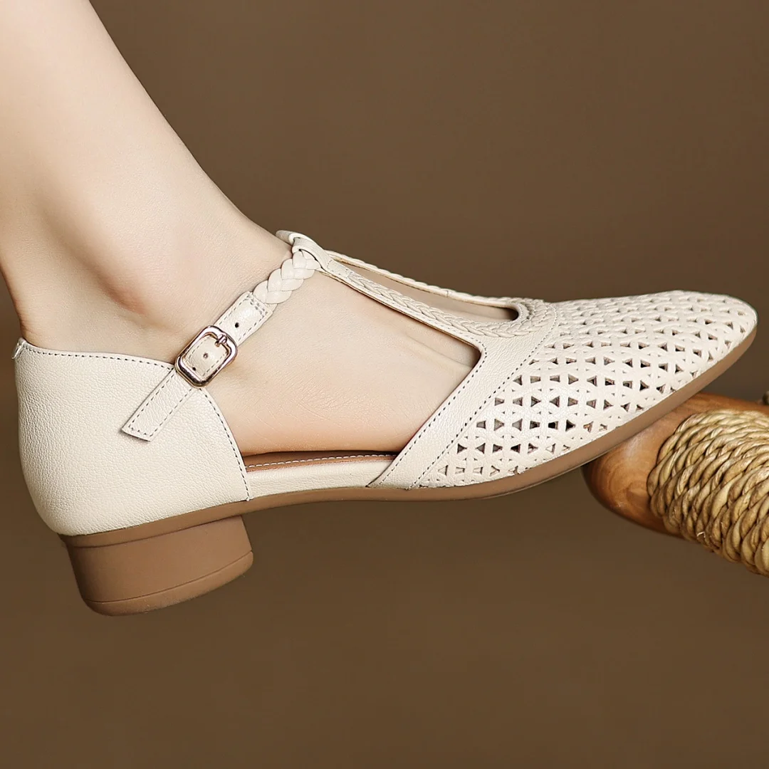 Elegant Hollow-out Sheepskin Narrow Band T-strap Flats Sandals - Image 4
