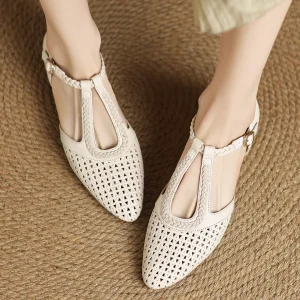 Elegant Hollow-out Sheepskin Narrow Band T-strap Flats Sandals