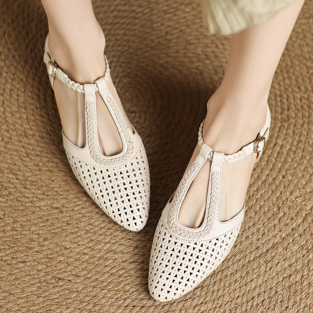 Elegant Hollow-out Sheepskin Narrow Band T-strap Flats Sandals